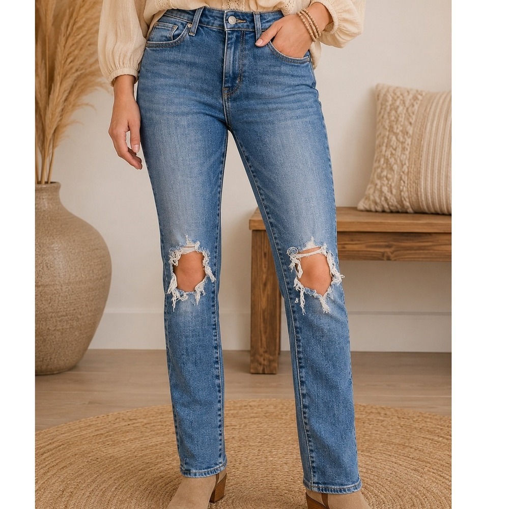 Levis 721 High Rise Skinny Jeans Womens 24 Medium Wash Distressed Ripped Knee